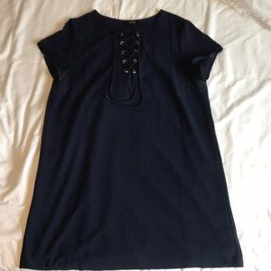 Casual navy blue dress with lace up neckline!